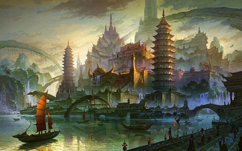 Fan Ming Concept Art and Illustration Creature Fantasy, Art Chinois, Asian Architecture, Drawing Wallpaper, Fantasy City, Art Et Illustration, Matte Painting, Painting Digital, Arte Fantasy