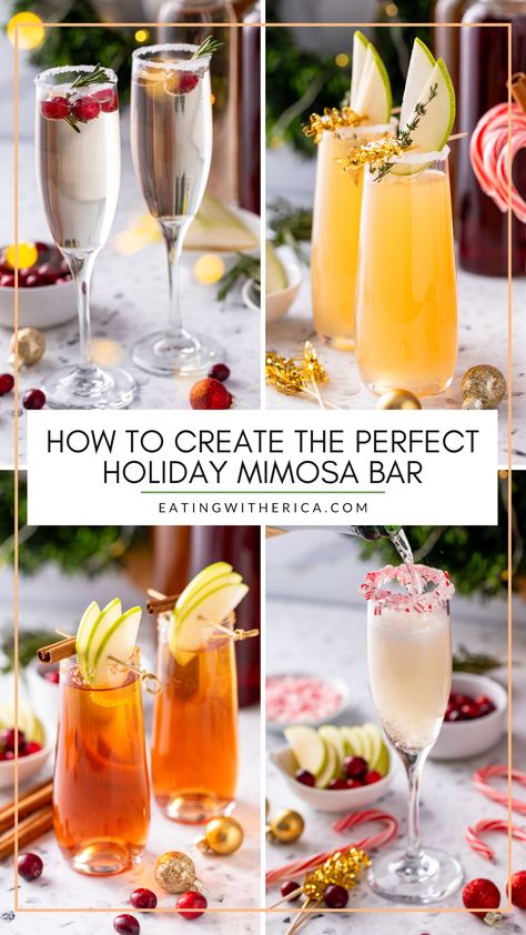 Looking to make the perfect holiday mimosa bar this festive season? CLICK here for everything you need to know on making the perfect holiday mimosa bar your guests will love! Nonalcoholic Mimosa Bar, Peppermint Bark Mimosa, Holiday Mimosa Bar Ideas, Fancy Mimosa Bar, Mimosa Christmas Bar, Sparkling Juice Bar, Mimosa Bar Christmas, Thanksgiving Mimosa Bar, Xmas Mimosa