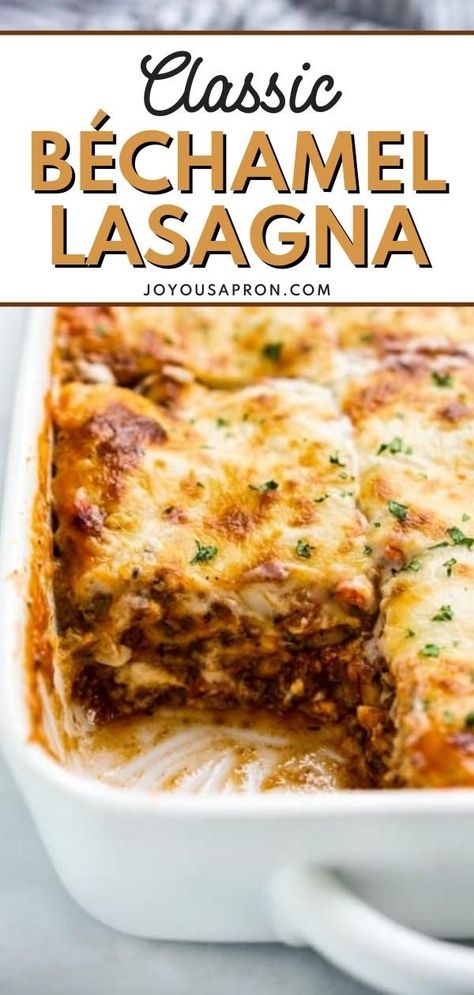 This Classic Béchamel Lasagna is dreamy, cozy and life-changing. This traditional Italian lasagna recipe is layered with béchamel sauce, bolognese sauce, pasta, and mozzarella cheese. A yummy and satisfying dish! When it is done, this Lasagna with Béchamel Sauce should be bubbly, gooey, slightly charred on the top. Lasagna Sauce Recipe, Lasange Recipe, Lasagna Bechamel, Italian Lasagna Recipe, Lasagna With Bechamel Sauce, Meatless Lasagna, Lasagna Recipe With Ricotta, Lasagna Bolognese, Italian Lasagna