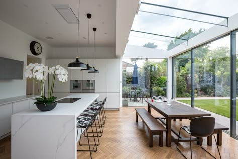 Kitchen Extension Glass Roof, House Extension Plans, Kitchen Diner Extension, Extension Plans, Open Plan Kitchen Diner, Open Plan Kitchen Dining Living, Room Extensions, Glass Extension, Open Plan Kitchen Living Room