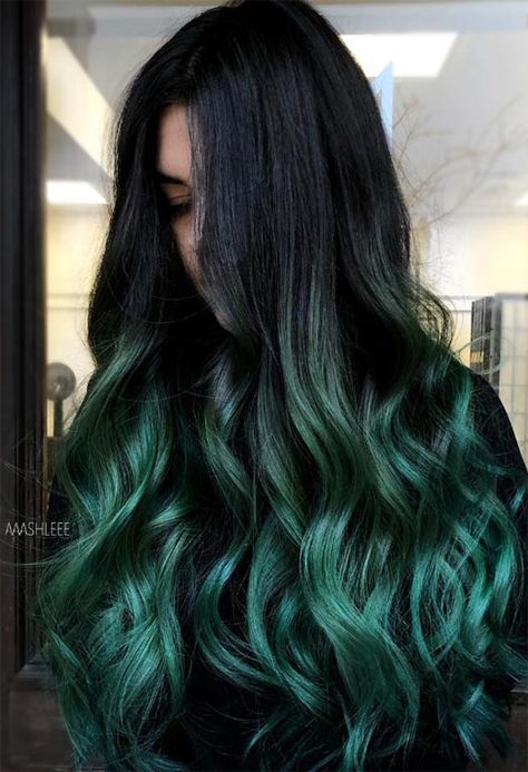 63 Offbeat Green Hair Color Ideas in 2020: Green Hair Dye Kits to Try Black With Dark Green Highlights, Dark Hair With Dark Green Highlights, Hunter Green Hair Color, Long Black And Green Hair, Black Hair With Green Peekaboos, Dark Brown And Dark Green Hair, Black Hair Green Underneath, Dark Green Streaks In Hair, Black With Green Highlights Hair