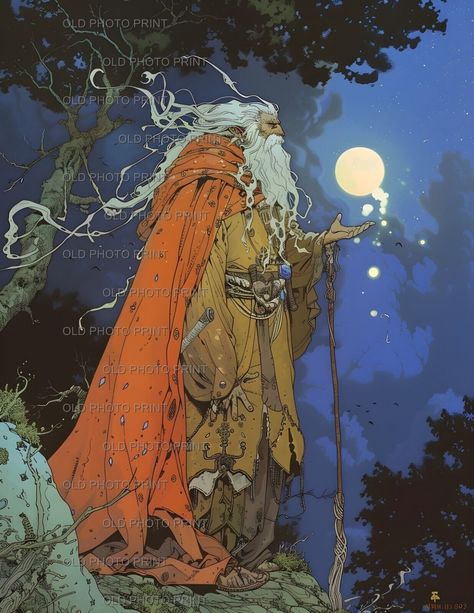 Druid Spellcaster Wizard Magic Fantasy Fanart Magna Anime Giclée Art 8.5x11 Fantasy Lumberjack Art, Retro Fantasy Wizard, Divination Wizard Art, Old Wizard Fantasy Art, Druid Familiar, 90s Fantasy Art, Wizard Robes Art, Dark Wizard Fantasy Art, Solarpunk Character Design