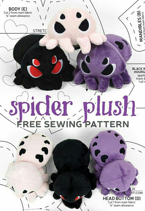 Free Sewing Pattern For Stuffed Animals, Owl Plush Pattern, Spider Plush Pattern, Sewing Templates, Sewing Machine Projects, Cute Sewing Projects, Animal Sewing Patterns, Sewing Stuffed Animals, Plushie Patterns