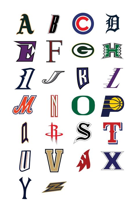 featuring 26 athletic teams from the NCAA, NBA, and NFL. Great gift idea for sports Sports Team Logos Design, E Sports Logo, Cool Brand Names, Logo Alphabet Design, Graphic Design Alphabet, Baseball Branding, Sports Teams Logos, Sport Lettering, Honestly Nevermind