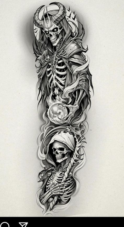 Scary Tattoo Stencil, Men’s Sleeve Tattoo Ideas Greek Gods, Left Arm Sleeve Tattoo Men, Cool Dark Tattoos, Tattoo Sleeve Men Design, Dark Hand Tattoos For Men, Tattoo Style Drawings Sketches, Oni Tattoo Sleeve, Dark Spine Tattoo