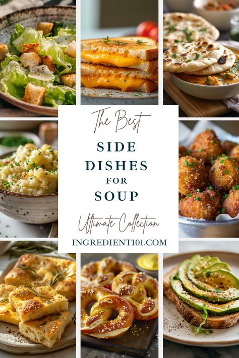 Find the best side dishes to cozy up on soup night! From refreshing summer salads to loaded corn salads and crusty bread, these simple and delicious recipes are perfect for serving alongside your favorite soup. Whether you're in the mood for creamy tomato soup, hearty vegetable soup, or Italian minestrone, these side dishes will complete your soup dinner. So go ahead and serve up the best soup and side dish combination for a wholesome and healthy dinner. Sides With Soup Simple, Side With Soup, Bread Sides For Soup, Side Dishes With Soup, Sides For Soup Potluck, Side Dishes For Soup Dinners, Sides For Soup Dinners, Sides With Soup, Soup And Salad Party Ideas