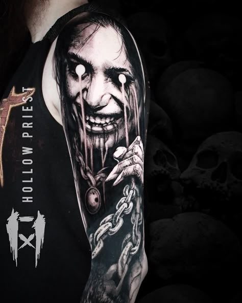 Jacob crowder tattoos, hollow priest Dark Work Tattoo, Darkside Tattoo, Work Focus, Black Art Tattoo, Realistic Tattoo Sleeve, Devil Tattoo, Circle Tattoos, Demon Tattoo, Scary Tattoos