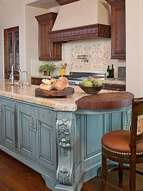 Island Corbels, Textured Tile Backsplash, Tuscan Kitchens, Intricate Woodwork, Tuscany Kitchen, Colored Cabinets, Spanish Style Kitchen, Wood Range, Old World Kitchens