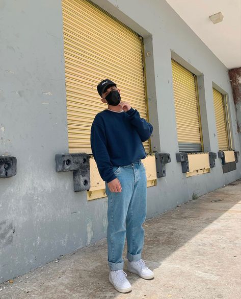 Air Force 1s, crew neck sweatshirt, Levi 501 Blue Crewneck Outfit Men, Jeans Outfit Men Street Style, Blue Sweatshirt Outfit Men, Outfit With Air Forces, Air Force Outfit Men, Blue Crewneck Outfit, Crewneck Outfit Men, Blue Sweatshirt Outfit, Dark Blue Jeans Outfit