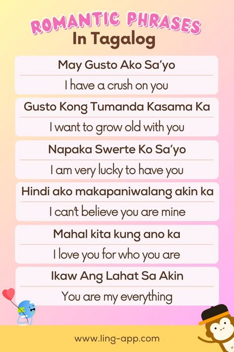 Sweet Tagalog Love Phrases.💞 Uncover the most endearing love phrases that'll make your heart skip a beat. Tagalog English Words, Filipino Phrases, Tagalog Phrases, Tagalog Learning, Tagalog Vocabulary, Philippines Language, Learning Tagalog, Learn Filipino, Learn Tagalog