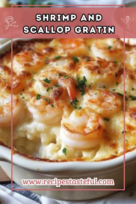 A luxurious dish combining tender seafood with the nuttiness of roasted cauliflower, all topped with a golden, cheesy gratin crust. Scallop Gratin, Sea Scallops, Cauliflower Cheese, Quick Weeknight Meals, Roasted Cauliflower, Fish And Seafood, Family Favorites, Weeknight Meals, My Family