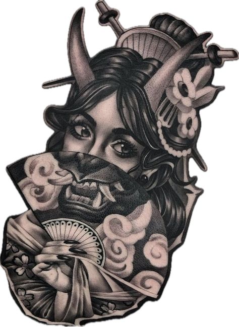 Geisha Hanya Tattoo Design, Geisha Oni Mask Tattoo, Geisha Hand Tattoo, Mascara Hannya, Tato Geisha, Mascara Oni, Japanese Mask Tattoo, Oni Mask Tattoo, Geisha Tattoo Design