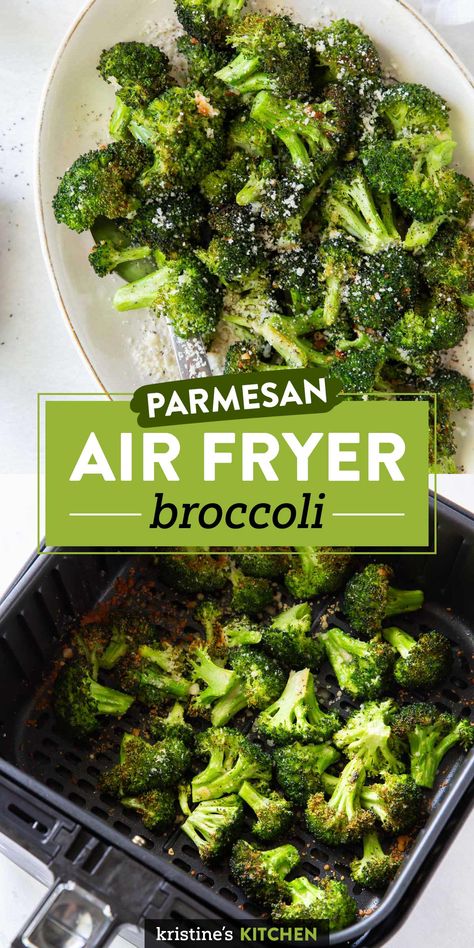 This Air Fryer Broccoli is one of our favorite easy and healthy air fryer recipes. You'll love this crisp-tender broccoli with Parmesan cheese! This recipe works well with both fresh and frozen broccoli. Air Fryer Frozen Broccoli, Frozen Broccoli Recipes, Broccoli Roasted, Air Fryer Broccoli, New Air Fryer Recipes, Healthy Broccoli, Parmesan Broccoli, Air Fryer Cooking Times, Air Fried Food