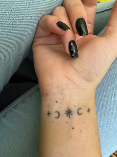 Celestial Stick And Poke, Moon Tattoo Stick And Poke, Moon Stick And Poke Tattoo, Stick And Poke Tattoo Star, Stick And Poke Tattoo Moon, Moon Stick N Poke, Star Stick And Poke Tattoo, Aesthetic Stick And Poke, Moon Tattoo On Hand