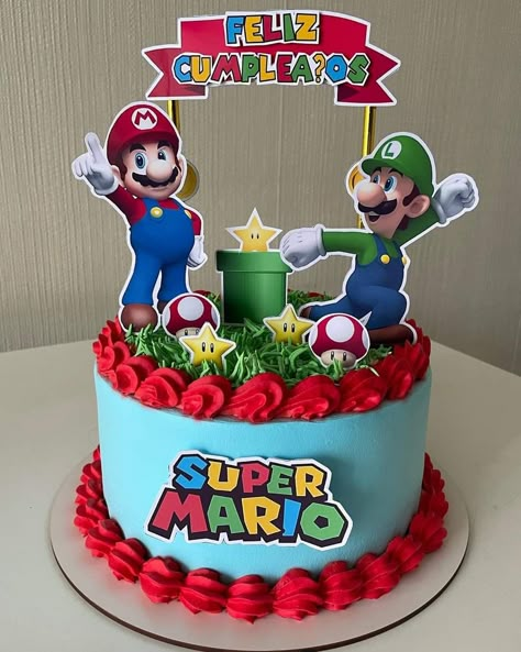 Super Mario Bday Cake, Mario Party Cake Ideas, Super Mario Brothers Birthday Cake, Mario Bday Cake, Mario And Luigi Birthday Cake, Simple Mario Cake, Luigi Birthday Cake, Mario Party Cake, Mario Birthday Cakes