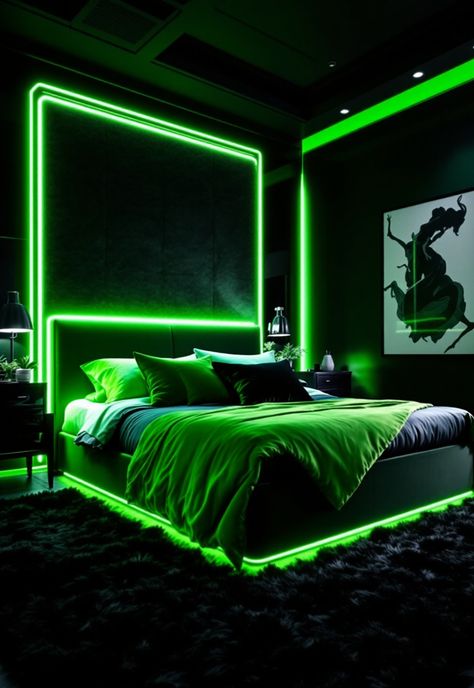 Baddie Bedroom Ideas Neon Room Decor Ideas, Black Bedroom With Led Lights, Green Led Lights Bedroom, Neon Green Room, Neon Green Bedroom, Green Black Bedroom, Black And Green Bedroom Ideas, Blacklight Bedroom, Black Aesthetic Room