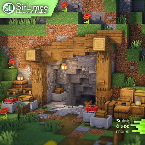 SirLimee | Minecraft Builder on Instagram: “Mine Entrance design ⛏ this one is inspired by @artic.uno_mc, i really like the style Follow me for more builds ~ Like and share with…” Smelting Area Minecraft, Minecraft River Bridge, Minecraft Mine Entrance Ideas, Minecraft Mine Entrance, Minecraft Market, Minecraft Medieval Village, Mine Entrance, Minecraft Mine, Case Minecraft