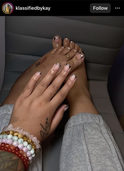 Matching Feet And Nails, Acrylic Nail And Toes Matching Ideas, Matching Toe And Nail Set, Matching French Tip Nails And Toes, Hand And Toe Nails Matching, Short Acrylic Nails And Toes Matching, Hands And Toes Nails Matching, Doe Nails, Short Nails Charms