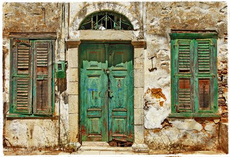 Greek Doors, Art Deco Doors, Old Gates, Dodecanese Islands, Window Stained, Old Abandoned Houses, Green Door, 3d Letters, Old Doors