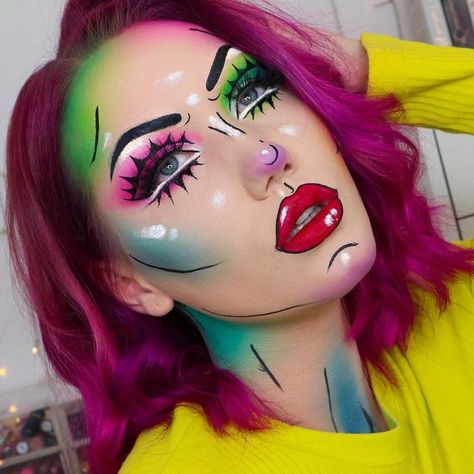 Pride Halloween Costume, Pop Art Makeup Looks, Comic Makeup Pop Art Halloween Costumes, Pop Art Face Makeup, Pop Art Makeup Halloween, Pop Art Photoshoot, Comic Makeup Pop Art, Fun Makeup Looks To Recreate, Cartoon Makeup Looks