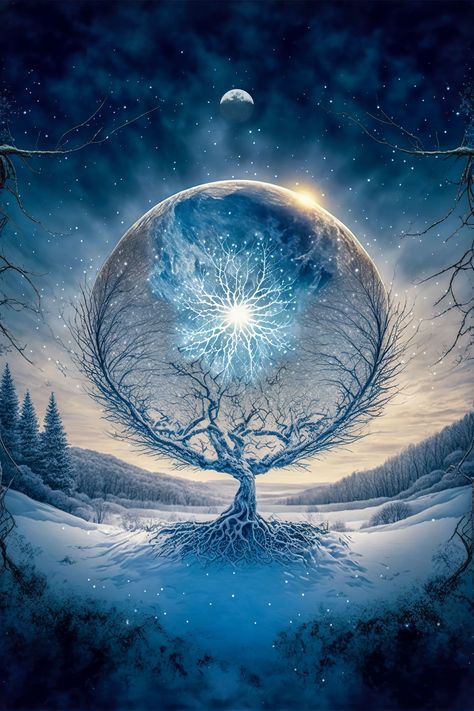 This original digital artwork features a winter solstice scene as I imagine it might appear. Suitable for Christmas, winter solstice, any winter holiday, or for someone who wants a bit of peace and serenity in their home or office. This piece is available as an instant download printable image through my Etsy Store. Yule, yuletide, relgious, spiritual Winter Solstice Art, Sherwood Oregon, Solstice Art, Happy Winter Solstice, Spiritual Images, Tree Of Life Art, Dreamy Artwork, Fantasy Wall Art, Witchy Wallpaper