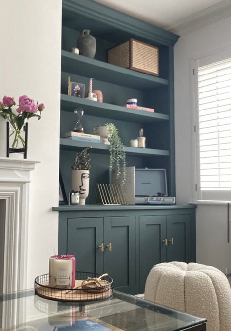 Teal 03 Living Room, Front Room Bookshelves, Painted Fireplace Bookcases, Living Room Designs Alcove, Living Room Built In Cupboards, Interior Feature Wall Ideas, Sitting Room Units, Lick 03 Teal, Built In Cupboard Next To Fireplace