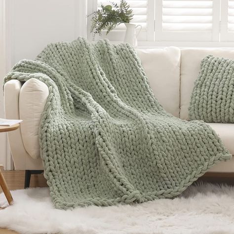 WESHIONGOO Chunky Knit Blanket Throw Knitted Throw Blankets for Couch Bed Fluffy Soft Blanket with Jumbo Chenille Yarn Thick 100% Handmade (Sage Green, 50"×60") Thick Knitted Blanket, Knot Blanket, Cable Knit Throw Blanket, Chunky Knit Throw Blanket, Green Throw Blanket, Cable Knit Throw, Chenille Blanket, Holiday Aesthetic, Hand Knit Blanket