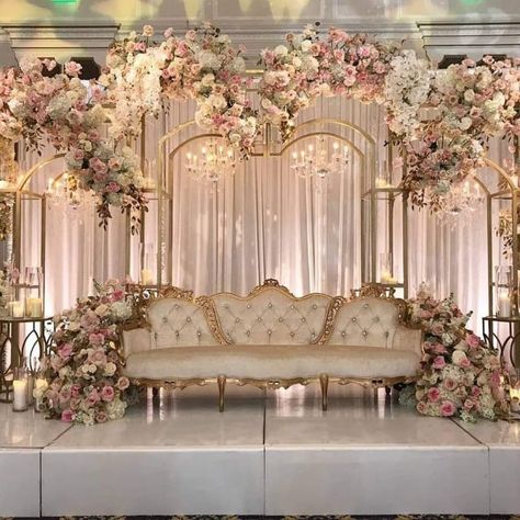 Rose Gold Quince Main Table, Sims Wedding, Asian Wedding Decor, Nikah Decor, Engagement Stage Decoration, Reception Stage Decor, Wedding Stage Backdrop, Wedding Stage Decor, Wedding Hall Decorations