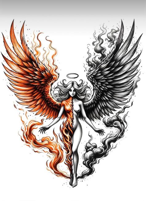 Phoenix Tattoo On Thigh For Women, Phoenix And Woman Tattoo, Color Angel Tattoo, Angel Tattoo For Women Sleeve, Pheonix Thigh Tattoos Women, Phoenix Tattoo Ideas For Women, Phoenix Tattoo Back Women, Angel Wing Tattoo Designs For Women, Woman Angel Tattoo