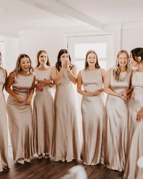 Cowl Back Satin Bridesmaid Dress - Oyster – Six Stories Gold Brides Made Dresses, Bridesmaid Dresses Tans, Neutral Dress Outfit Classy, Birdie Grey Taupe, Bridesmaid Dresses Oyster, Champagne Satin Dress Bridesmaid, Bridesmaid Dress Beige, Soft Champagne Bridesmaid Dresses, Bridesmaids Dresses Taupe