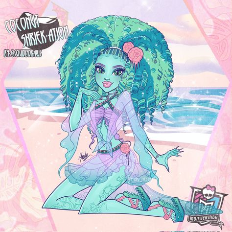 Honey Swamp at the Beach by yndy_arts for Coconut Shriek-ation hosted by @squidlydraws. https://www.instagram.com/p/Cu5xCQBKFNC/?img_index=1 Jane Boolittle, Honey Swamp, Pet Monsters, Moster High, Catty Noir, Monster High Art, Monster High Characters, Black Artwork, High Art