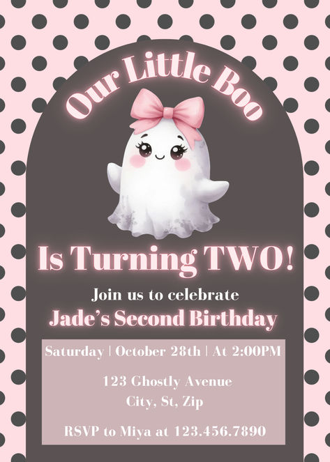 Celebrate your little one's special day with our "Our Little Boo Is Turning Two" Invite! This adorable Halloween birthday invitation features a cute ghost design, making it perfect for a fun and festive celebration. Easily customizable, this editable template allows you to personalize all the details to match your party theme. Download instantly and get ready to create unforgettable memories as your little boo turns two! Boo Turns Two, Little Boo Is Turning Two, Boo Is Turning Two, Ghost Party, Halloween Birthday Invitations, Ghost Design, Invite Template, Birthday Invitations Kids, Like Animals