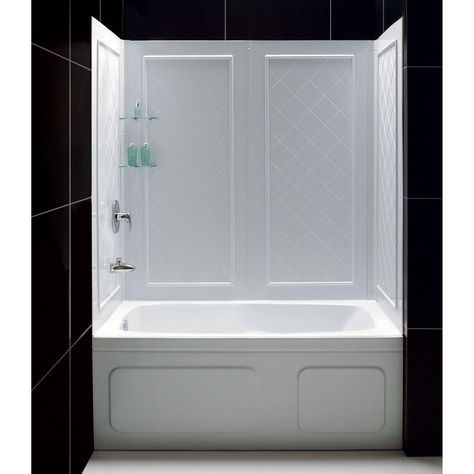 DreamLine QWALL-Tub 28-32 in. D x 56 to 60 in. W x 60 in. H 4-piece Easy Up Adhesive Tub Surround in White Bathtub Surround Ideas, Bathtub Wall Surround, Makeover Kamar Mandi, Bathtub Shower Combo, Shower Wall Kits, Bathtub Surround, Best Bathtubs, Bathtub Walls, Tub Doors