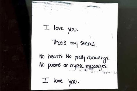 I love you. That's my secret. No hearts. No pretty drawings. No poems or cryptic messages. I love you. Cryptic Quotes, Loving You For Him, Cryptic Messages, Post Secret, Quotes About Love, Pretty Drawings, The Perfect Guy, L Love You, Hopeless Romantic