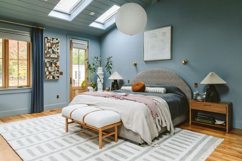 The Best/REALLY GOOD Blue Paint Colors That I've Used, Experienced, And Still Love - Emily Henderson Bedroom With Blue Ceiling, Medium Blue Bedroom Walls, Best Blue Paint For Bedroom, Light Blue Ceiling Bedroom, Dusty Blue Bedroom Walls, Medium Blue Bedroom, Blue Color Drenched Bedroom, Blue Wall Colors Bedroom, Blue Primary Bedroom