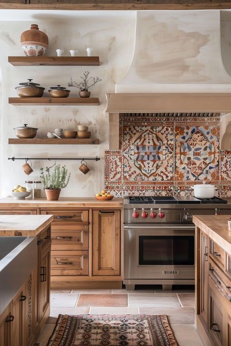 Imagine preparing meals in a kitchen inspired by the picturesque villas of Spain. Our Spanish villa kitchen ideas focus on incorporating terracotta accents and artisanal cabinets into your designs, bringing the vibrant atmosphere of Spain into the heart of your home. Morroco Kitchen Design, Spanish Theme Kitchen, Mexican Tile Backsplash Kitchen Ideas, Spanish Inspired Kitchen Hacienda Style, Mediterranean Aesthetic Kitchen, Home Interior Design Spanish, Baja Interior Design, Kitchen Design Eclectic, Traditional Mexican Kitchen Design