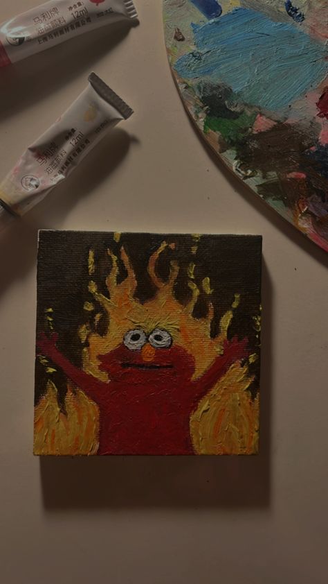 Cursed Painting Ideas, Elmo On Fire Painting, Funny Art Painting, Goofy Painting Ideas, Funny Paintings Ideas, Weird Painting Ideas Easy, Mini Paint Canvas Ideas, Chaotic Painting Ideas, Memes Painted Canvas