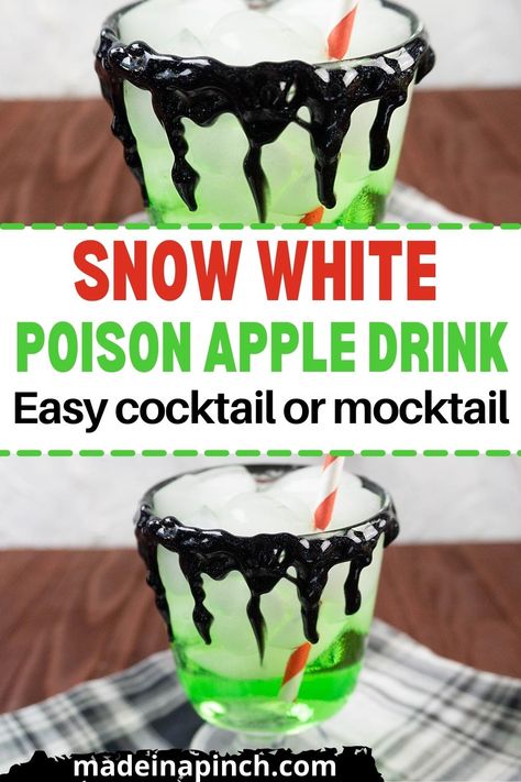 Enjoy this wickedly good Snow White Poison Apple cocktail for Halloween or when you sit down to watch a Disney movie! With only 3 ingredients, it's simple to make and easy to adapt into a kid-friendly PG mocktail option so everyone can enjoy this spooky Halloween drink together! Simple Halloween Alcoholic Drinks, Snow White Cocktail, Snow White Dinner Ideas, Nightmare Before Christmas Drinks, Snow White Cocktail Drink Recipes, Poison Apple Cocktail, Disney Drinks Alcohol, Movie Themed Cocktails, Poison Apple Drink