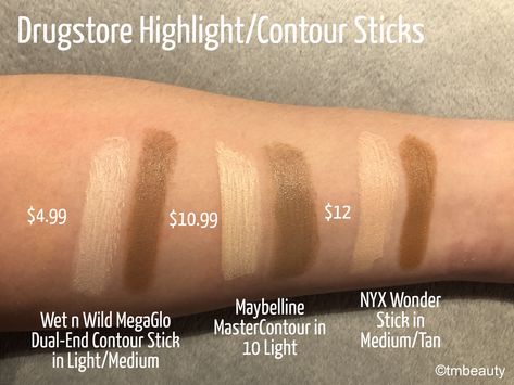 Drugstore Highlight/Contour Sticks Swatches Cream Contour Drugstore, Drugstore Cream Contour, Best Drugstore Cream Contour, Best Drugstore Contour Stick, Contour Drugstore, Drugstore Contour Stick, Best Contour Stick, Best Drugstore Contour, Drugstore Contour