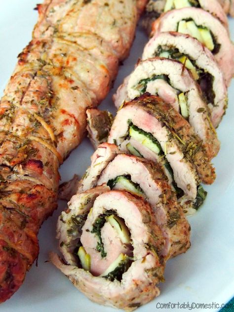 Rosemary Pesto Rolled Pork Tenderloin with Spinach, Apple and Gouda from Comfortably Domestic Mushroom Side Dish Recipes, Pork Roulade, Oven Roasted Mushrooms, Mushroom Recipes Vegan, Mushroom Recipes Healthy, Sunday Recipes, Iron Chef, Garlic Mashed Potatoes, Roasted Mushrooms