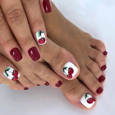 Cherry Nail Art, Feet Nail Design, Fruit Nail Art, Cute Toe Nails, Summer Toe Nails, Cherry Nails, Pedicure Designs, Summery Nails, Toe Nail Designs