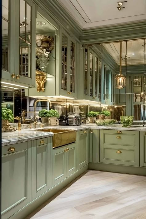 💚 Save for later 👉 Tap to see all 59+ Sage Green Kitchen Ideas | Ready to embrace luxury in your kitchen? Sage green and gold create an opulent combination that never goes out of style. Save these gorgeous pairings for your dream kitchen! White Green And Gold Kitchen, English Green Kitchen, Mauve And Green Kitchen, Green Quartz Countertops Kitchen, Antique Green Kitchen Cabinets, Sage Green And Gold Kitchen, Gold And Green Kitchen, Dark Green And Gold Kitchen, Wizard Of Oz Castle