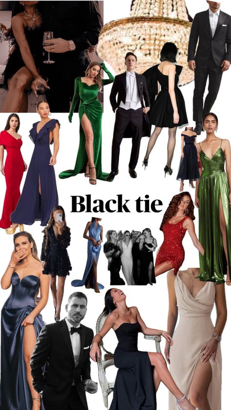 Black tie mood board Black Tie Theme Dress, Suit And Tie Party Theme, Black Tie Black Women, Christmas Black Tie Dress, Black Tie Event Outfit Woman, Black Tie Color Palette, James Bond Outfit Women, Black Tie Prom Theme, Black Tie Theme Party Outfit