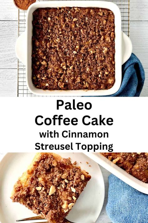 This easy Paleo Coffee Cake with Cinnamon Streusel Topping is the best way to start your weekend morning! A light, fluffy vanilla cake is topped with a crumbly, cinnamon-y streusel. Made with wholesome ingredients like almond flour, honey and coconut oil, it's a healthy breakfast cake full of protein, fiber and healthy fats. And it's gluten-free, grain-free, dairy-free and refined sugar-free! Coffee Cake Gluten Free, Paleo Coffee Cake, Easy Paleo Breakfast, Honey And Coconut Oil, Paleo Pumpkin Muffins, Paleo Coffee, Fluffy Vanilla Cake, Cinnamon Streusel Topping, Paleo Bread Recipe