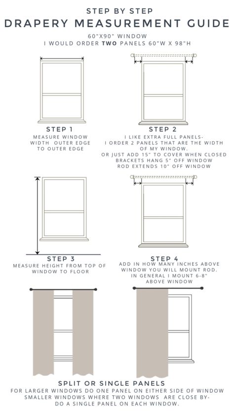 Custom Curtains in Family and Bedroom with Curtain Panel Measurement Guide - Nesting With Grace Curtain Sizing Guide, 1 Curtain Panel On Window, One Panel Curtain Ideas, Curtain Size Guide, Creative Curtain Ideas, Long Curtain Rods, Walmart Kids, Blackout Curtains Bedroom, Nesting With Grace