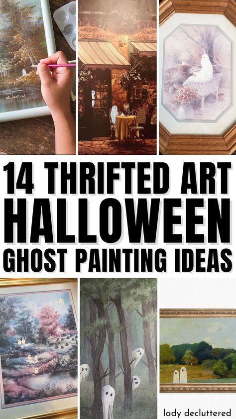 14 Thrifted Art Halloween Ghost Painting Ideas Upcycling, Painted Halloween Pictures, Ghost Painted On Old Paintings, Ghost Added To Painting, Making Paintings Spooky, Thrift Store Art Makeover Spooky, Thrift Spooky Painting, Painting Halloween On Thrifted Art, Ghost Goodwill Painting