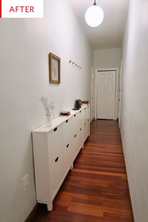 IKEA Shoe Storage - Entryway Before After Photos | Apartment Therapy Shoe Storage Small Space Entryway, Shoe Organization Entryway, Small Space Shoe Storage, Shoe Storage For Entryway, Ikea Mud Room, Entryway Apartment, Shoe Storage Entryway, Ikea Shoe Storage, Foyer Cabinet