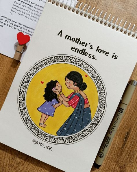 Mom Love Drawing, Mandala Art For Mom, Drawing For Mother's Birthday, Mom Doodle Art, Mom Mandala Art, Aesthetic Love Sketches, Drawing Ideas For Moms Birthday, Mom Drawing Easy, Drawing For Mother