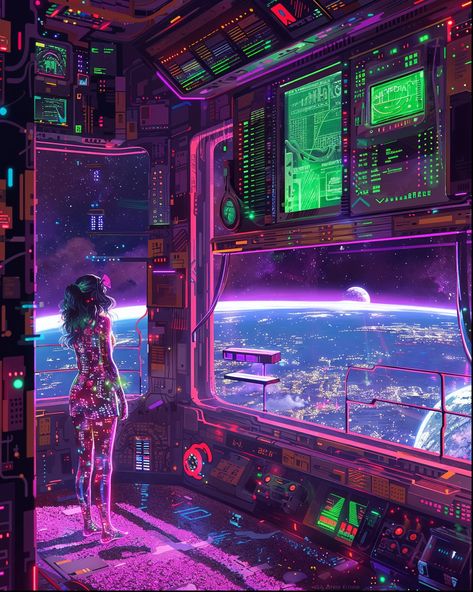 There, an elite hacker and undercover operative, stood in her high-tech space station, the **Neon Nebula**, overlooking Earth. She had just intercepted a critical transmission: the Regime's plan to deploy a satellite that would erase the memories of Earth's population, ensuring their absolute control. She worked furiously at her console, her fingers flying over the keys as she tried to hack into the satellite's mainframe. Her screen flashed with the satellite's schematics, and she began uplo... Anime Space Station, Hacking Aesthetic, Digital Dystopia, Pc Layout, Space Station Interior, Cyberpunk Interior, Space Core, Utopian Society, Sci Fi Aesthetic