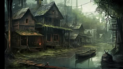 Zombie House, Art Desktop Wallpaper, Swamp House, Horror Inspiration, Louisiana Swamp, Fantasy Locations, Fantasy Town, House Wallpaper, Dark House